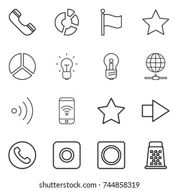 thin line icon set : phone, circle diagram, flag, star, bulb, globe connect, wireless, right arrow, ring button, grater
