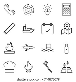 thin line icon set : phone, around gear, bulb, calculator, ruler, sea shipping, terms, map, flammable, plane, pool, vegetable oil, cook hat, fire, tooth brush, clean floor