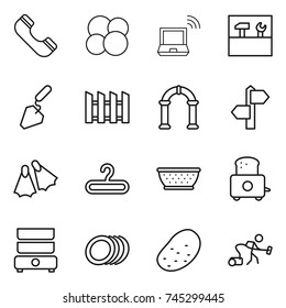 thin line icon set : phone, atom core, notebook wireless, tools, construction, fence, arch, signpost, flippers, hanger, colander, toaster, double boiler, plates, potato, vacuum cleaner