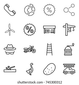 thin line icon set : phone, circle diagram, percent, molecule, windmill, gas station, tower crane, confidential, motorcycle, stairs, hand mill, soil cutter, goose, potato, car wash