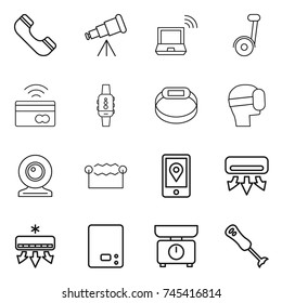 thin line icon set : phone, telescope, notebook wireless, tap to pay, smart watch, bracelet, virtual mask, web cam, electrostatic, mobile location, air conditioning, kitchen scales, blender