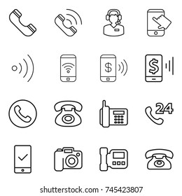 thin line icon set : phone, call, center, touch, wireless, pay, mobile, 24, checking, camera, intercome