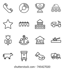 thin line icon set : phone, circle diagram, trophy, lunar rover, star, bridge, cottage, scooter shipping, perishable, anchor, home, soil cutter, cow, hive, wiping, call cleaning