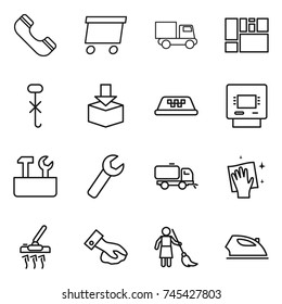 thin line icon set : phone, delivery, truck, consolidated cargo, do not hook sign, package, taxi, atm, repair tools, wrench, sweeper, wiping, vacuum cleaner, brooming, iron