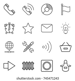 thin line icon set : phone, call, circle diagram, flag, alarm clock, star, mail, bulb, globe connect, pencil wrench, wireless, remove from basket, right arrow, radiator, ring button, apron