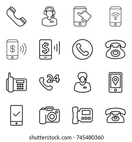 thin line icon set : phone, call center, touch, wireless, pay, mobile, 24, support manager, location, checking, camera, intercome
