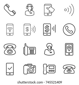 thin line icon set : phone, call center, touch, wireless, pay, mobile, support manager, location, checking, camera, intercome