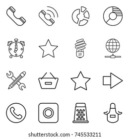 thin line icon set : phone, call, circle diagram, alarm clock, star, bulb, globe connect, pencil wrench, remove from basket, right arrow, ring button, grater, apron