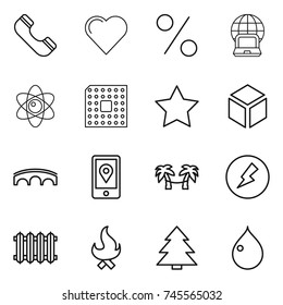 thin line icon set : phone, heart, percent, notebook globe, atom, cpu, star, 3d, bridge, mobile location, palm hammock, electricity, radiator, fire, spruce, drop