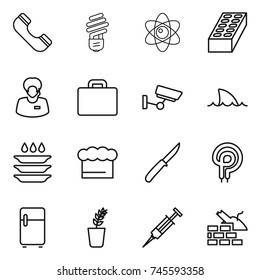 thin line icon set : phone, bulb, atom, brick, support manager, suitcase, surveillance, shark flipper, plate washing, chief hat, knife, elecric oven, fridge, seedling, syringe, construct garbage