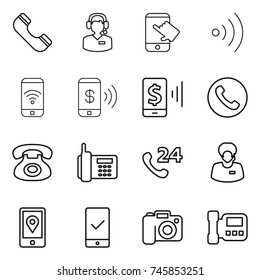thin line icon set : phone, call center, touch, wireless, pay, mobile, 24, support manager, location, checking, camera, intercome