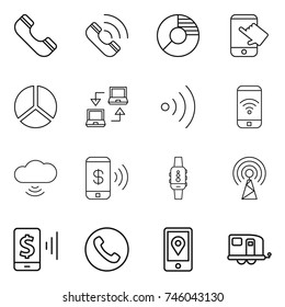 thin line icon set : phone, call, circle diagram, touch, notebook connect, wireless, cloud, pay, smart watch, antenna, mobile, location, trailer