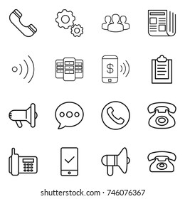 thin line icon set : phone, gear, group, newspaper, wireless, server, pay, clipboard, megafon, balloon, mobile checking, loudspeaker