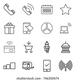 thin line icon set : phone, call, calendar, star, gift, touch, diagram, notebook wireless, tap to pay, add cart, spark plug, goverment house, sorting, trailer, mobile checking