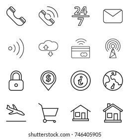 thin line icon set : phone, call, 24 7, mail, wireless, cloude service, tap to pay, antenna, lock, dollar pin, info, earth, arrival, cart, home
