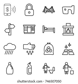 thin line icon set : phone pay, lock, bridge, slum, signpost, wardrobe, bed, fireplace, rain cloud, sow, garbage bag, clean floor, cleanser, toilet, cleaning, bin