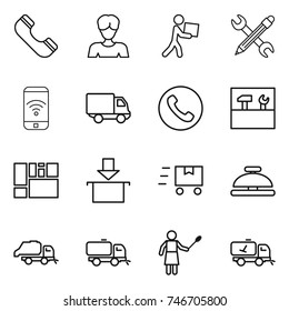 thin line icon set : phone, woman, courier, pencil wrench, wireless, delivery, tools, consolidated cargo, package, fast deliver, service bell, trash truck, sweeper, with duster, home call cleaning