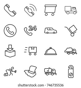 thin line icon set : phone, call, delivery, truck, 24, car shipping, trolley, package, fast deliver, meal cap, trash, vacuum cleaner, floor washing, home cleaning, do not distrub