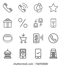 thin line icon set : phone, call, circle diagram, star, gift, percent, notebook connect, wireless, smart bracelet, add to cart, mobile pay, goverment house, location, checking, grater