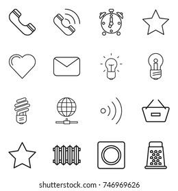 thin line icon set : phone, call, alarm clock, star, heart, mail, bulb, globe connect, wireless, remove from basket, radiator, ring button, grater