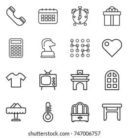 thin line icon set : phone, calendar, alarm clock, gift, calculator, chess horse, chip, heart, t shirt, tv, arch, window, restaurant, thermometer, dresser, stool
