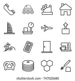 thin line icon set : phone, lunar rover, cashbox, home, skyscraper, warehouse scales, plane, baggage, surfer, inflatable mattress, door, coffee maker, pretzel, pancakes, honeycombs, toilet brush