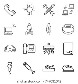 thin line icon set : phone, chip, pencil wrench, notebook connect, wireless, hoverboard, smart watch, bracelet, glasses, intercome, air conditioning, kitchen scales, handle, blender, soil cutter