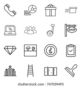 thin line icon set : phone, diagram, gift, delivery, notebook, group, segway, shop signboard, diamond, tools, info, clipboard check, hotel, stairs, clean window, scraper