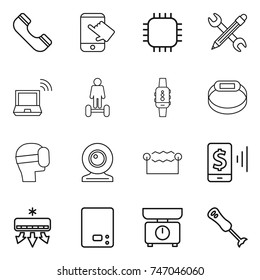 thin line icon set : phone, touch, chip, pencil wrench, notebook wireless, hoverboard, smart watch, bracelet, virtual mask, web cam, electrostatic, mobile pay, air conditioning, kitchen scales