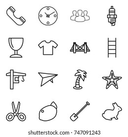 thin line icon set : phone, clock, group, spark plug, wineglass, t shirt, bridge, stairs, tower crane, deltaplane, palm, starfish, scissors, lemon, shovel, rabbit