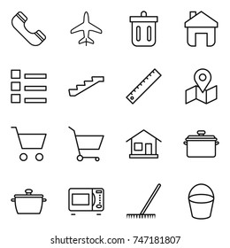 thin line icon set : phone, plane, bin, home, list, stairs, ruler, map, cart, pan, microwave oven, rake, bucket