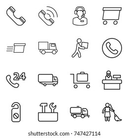 thin line icon set : phone, call, center, delivery, truck, courier, 24, shipping, baggage trolley, reception, do not distrub, repair tools, sweeper, brooming