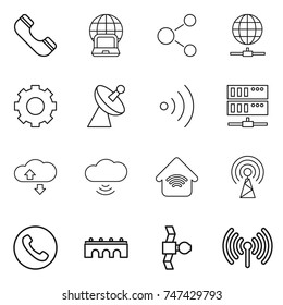 thin line icon set : phone, notebook globe, molecule, connect, gear, satellite antenna, wireless, server, cloude service, cloud, home, bridge