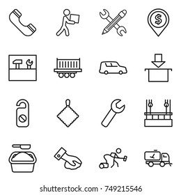 thin line icon set : phone, courier, pencil wrench, dollar pin, tools, truck shipping, car, package, do not distrub, rag, skysrcapers cleaning, washing powder, wiping, vacuum cleaner, home call