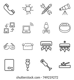 thin line icon set : phone, chip, pencil wrench, telescope, notebook connect, wireless, hoverboard, smart bracelet, glasses, electrostatic, air conditioning, kitchen scales, handle, blender