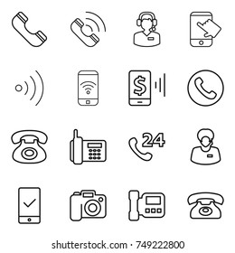 thin line icon set : phone, call, center, touch, wireless, mobile pay, 24, support manager, checking, camera, intercome