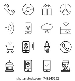 thin line icon set : phone, circle diagram, gift, wireless, cloud, tap to pay, add cart, mobile, spark plug, goverment house, location, checking, grater