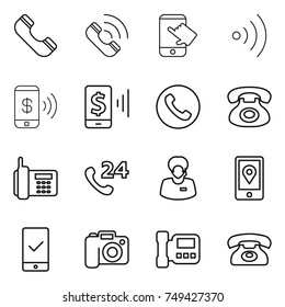 thin line icon set : phone, call, touch, wireless, pay, mobile, 24, support manager, location, checking, camera, intercome
