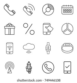 thin line icon set : phone, call, circle diagram, calendar, gift, percent, touch, wireless, cloud, smart watch, bracelet, antenna, spark plug, mobile checking