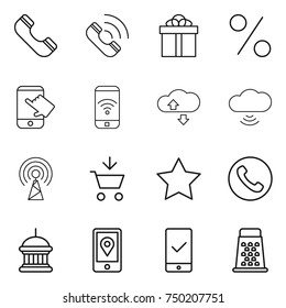 thin line icon set : phone, call, gift, percent, touch, wireless, cloude service, cloud, antenna, add to cart, star, goverment house, mobile location, checking, grater