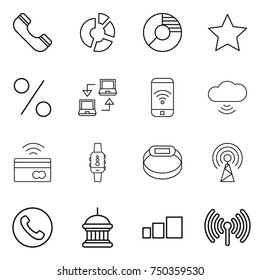 thin line icon set : phone, circle diagram, star, percent, notebook connect, wireless, cloud, tap to pay, smart watch, bracelet, antenna, goverment house, sorting