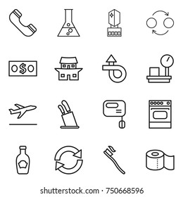 thin line icon set : phone, flask, crystall memory, quantum bond, money, japanese house, trip, warehouse scales, departure, stands for knives, mixer, oven, ketchup, reload, tooth brush, toilet paper
