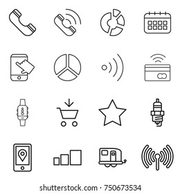 thin line icon set : phone, call, circle diagram, calendar, touch, wireless, tap to pay, smart watch, add cart, star, spark plug, mobile location, sorting, trailer