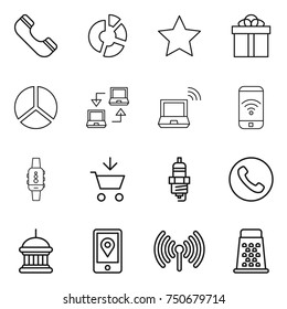 thin line icon set : phone, circle diagram, star, gift, notebook connect, wireless, smart watch, add to cart, spark plug, goverment house, mobile location, grater