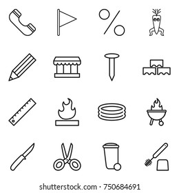 thin line icon set : phone, flag, percent, dna modify, pencil, market, nail, block wall, ruler, flammable, inflatable pool, bbq, knife, scissors, trash bin, toilet brush