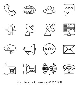 thin line icon set : phone, team, group, message, chip, satellite antenna, server, cloude service, megafon, balloon, mail, intercome, wireless