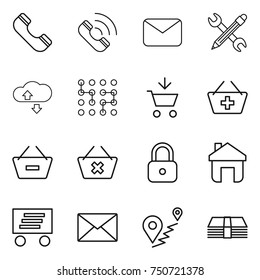 thin line icon set : phone, call, mail, pencil wrench, cloude service, chip, add to cart, basket, remove from, delete, lock, home, delivery, route, money