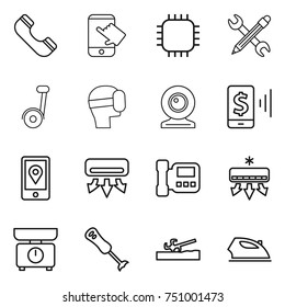thin line icon set : phone, touch, chip, pencil wrench, segway, virtual mask, web cam, mobile pay, location, air conditioning, intercome, kitchen scales, blender, soil cutter, iron