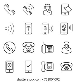 thin line icon set : phone, call, center, touch, wireless, pay, mobile, support manager, location, checking, intercome