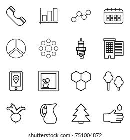 thin line icon set : phone, graph, calendar, diagram, round around, spark plug, houses, mobile location, flower in window, honeycombs, trees, beet, jug, spruce, hand drop